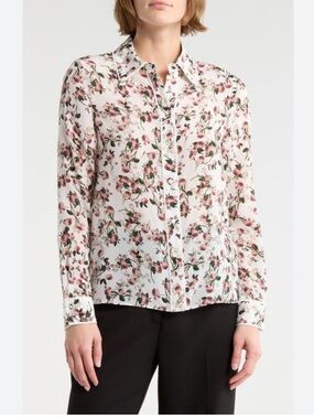 Alice + Olivia White Button-Down Silk Shirt with Pink Floral Print